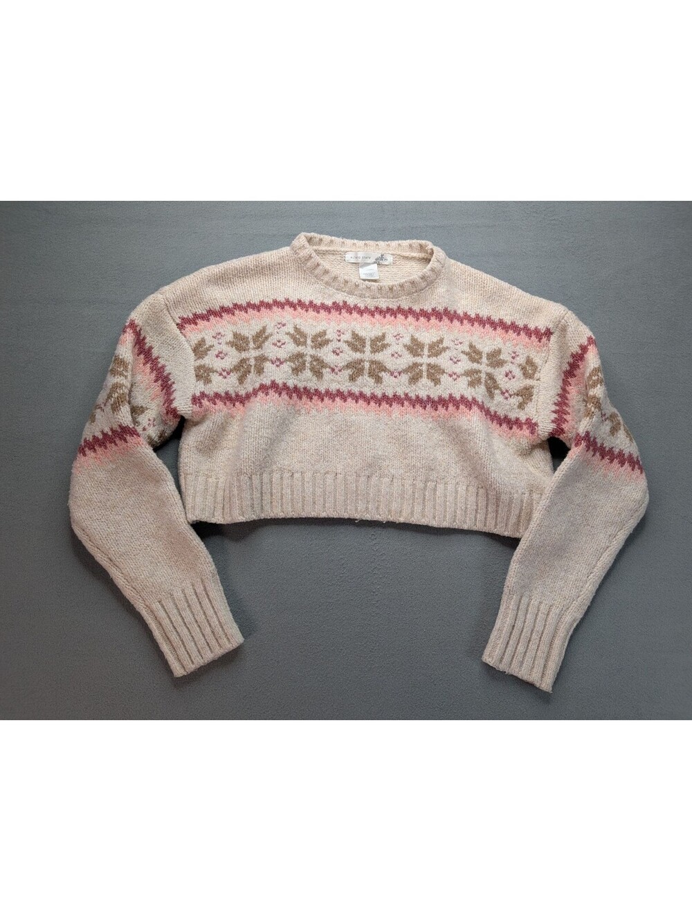 Altar'd State Sweater Pullover Womens XXS Beige Fair Isle Cropped Fuzzy Knit